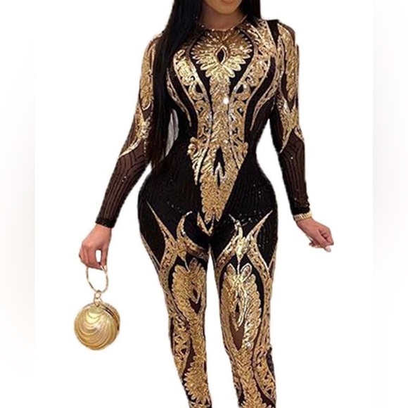 New Women Sequins and mesh Bodycon Long Jumpsuit - Picture 2 of 3
